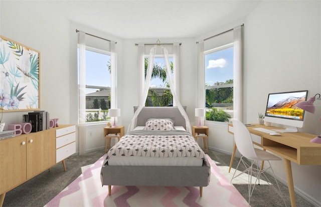 bedroom with multiple windows and dark colored carpet