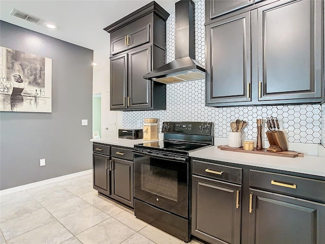 kitchen with visible vents, wall chimney exhaust hood, black / electric stove, light countertops, and backsplash