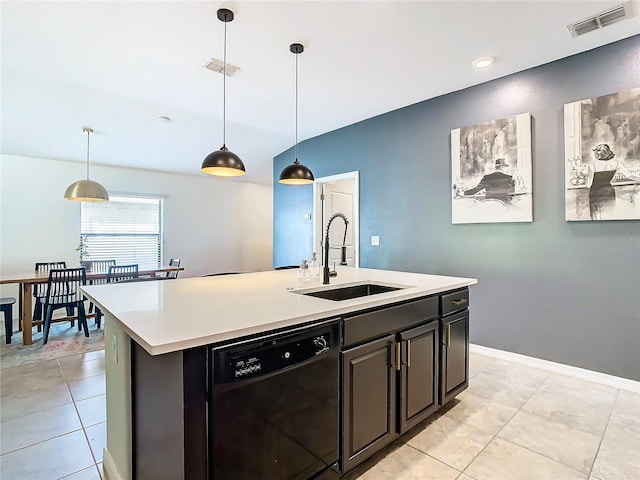 kitchen featuring a sink, visible vents, light countertops, dishwasher, and pendant lighting