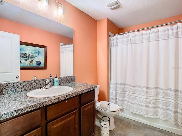 bathroom featuring shower / tub combo, visible vents, toilet, tile patterned floors, and vanity