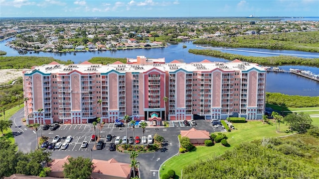 view of building exterior with a water view