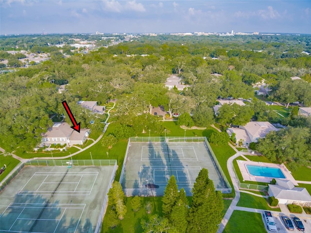 aerial view featuring a forest view