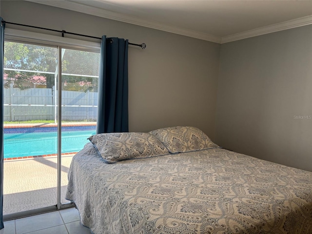 tiled bedroom featuring access to outside and ornamental molding