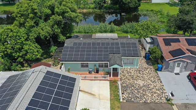 bird's eye view with a water view