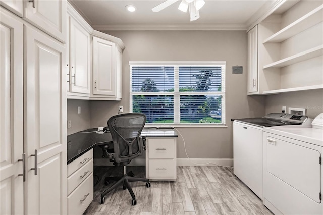 210 Lakeview Dr, Anna Maria, FL 34216 - office with independent washer and dryer, built in desk, crown molding, and light wood-style floors