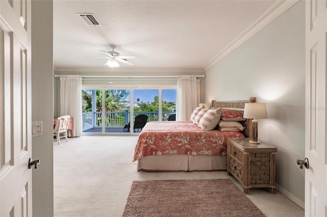 210 Lakeview Dr, Anna Maria, FL 34216 - carpeted bedroom with visible vents, baseboards, ornamental molding, access to outside, and a ceiling fan