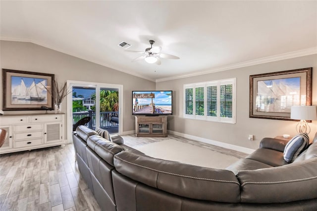 210 Lakeview Dr, Anna Maria, FL 34216 - living area featuring a ceiling fan, ornamental molding, vaulted ceiling, and wood finished floors
