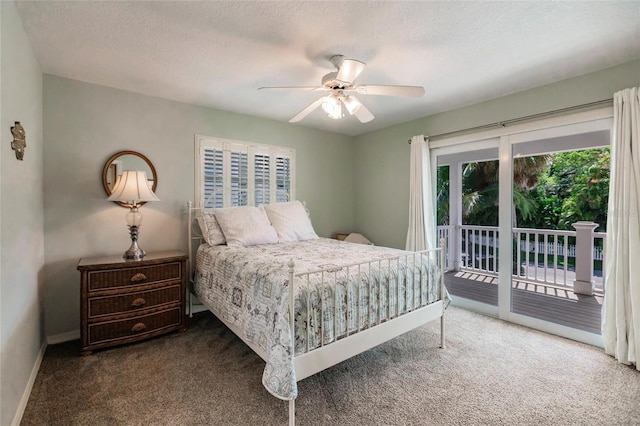 210 Lakeview Dr, Anna Maria, FL 34216 - bedroom featuring access to exterior, carpet floors, a ceiling fan, a textured ceiling, and baseboards