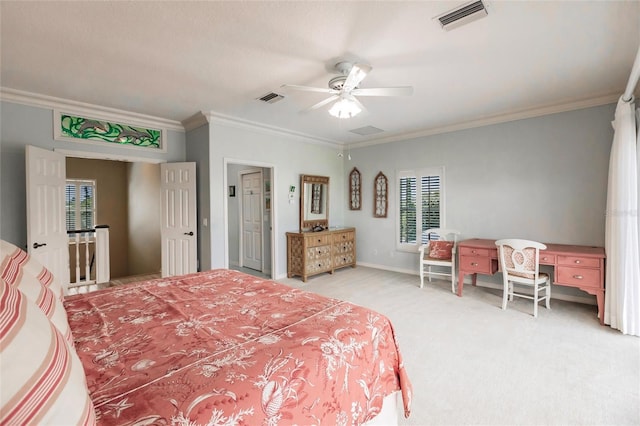 210 Lakeview Dr, Anna Maria, FL 34216 - bedroom featuring light carpet, visible vents, and ornamental molding