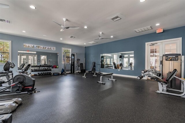 gym featuring french doors and ceiling fan