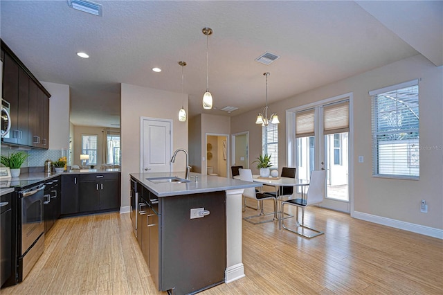 kitchen with sink, light hardwood / wood-style floors, decorative light fixtures, a kitchen island with sink, and stainless steel range with electric cooktop