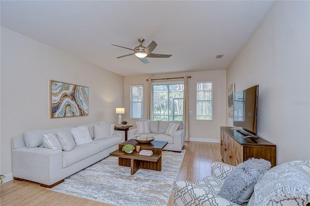 living room featuring ceiling fan, light hardwood / wood-style floors, and a textured ceiling