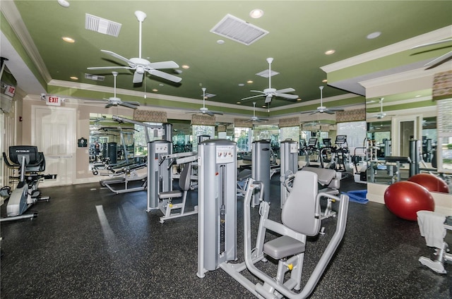 11329 Emerson Lake Dr, Riverview, FL 33578 - workout area featuring ceiling fan, recessed lighting, and crown molding