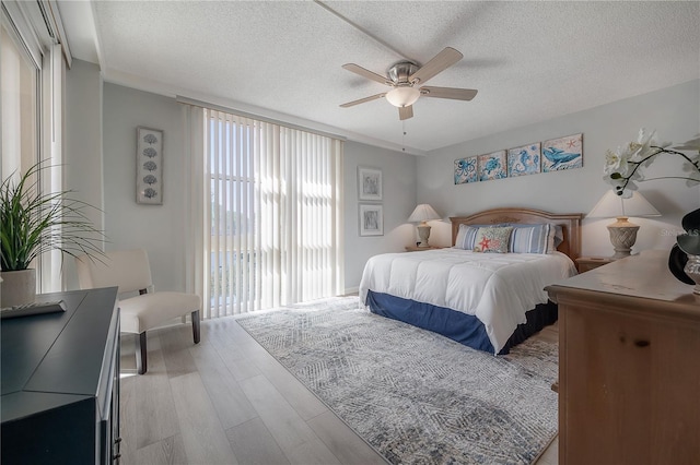 bedroom featuring a textured ceiling, light wood-type flooring, ceiling fan, and multiple windows