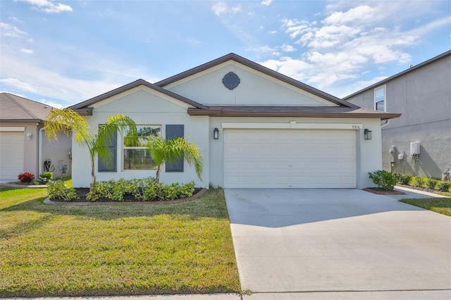 ranch-style house with a front yard and a garage