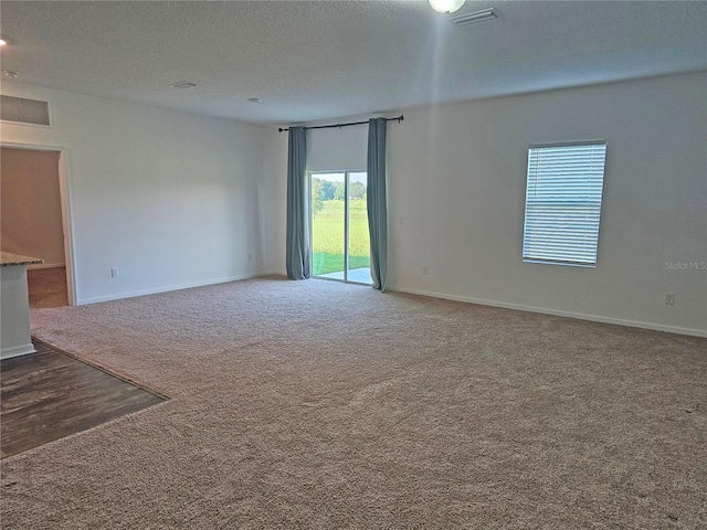 carpeted empty room featuring a textured ceiling