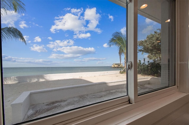 view of water feature with a beach view