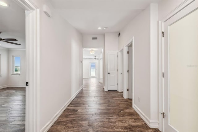 hall featuring dark wood-type flooring