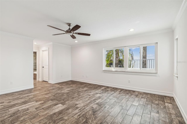 unfurnished room with ceiling fan, hardwood / wood-style flooring, and crown molding