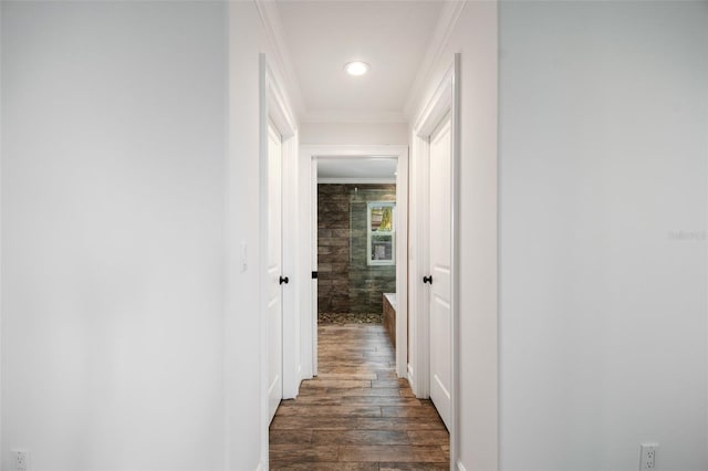 hall featuring dark hardwood / wood-style floors and ornamental molding