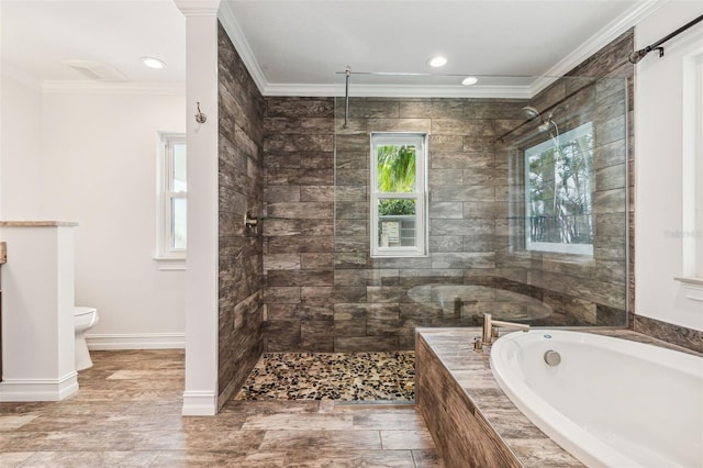 bathroom featuring toilet, shower with separate bathtub, crown molding, and tile patterned floors