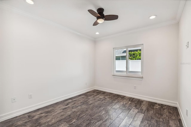 unfurnished room with ceiling fan, dark hardwood / wood-style floors, and crown molding