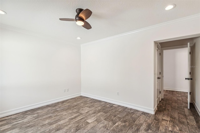 unfurnished room featuring ceiling fan, hardwood / wood-style floors, and ornamental molding