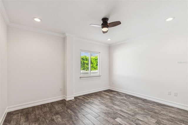 spare room featuring ceiling fan, hardwood / wood-style floors, and ornamental molding