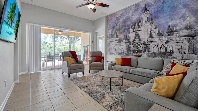 living room featuring ceiling fan and light tile patterned floors