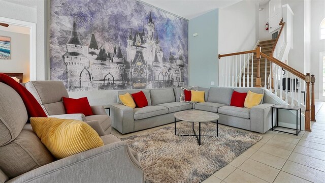 living room featuring light tile patterned floors