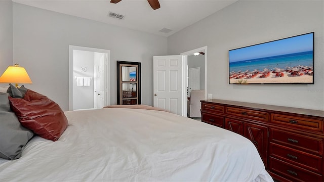 bedroom featuring connected bathroom and ceiling fan