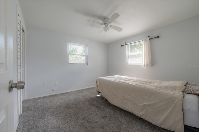 bedroom featuring ceiling fan, carpet flooring, and multiple windows