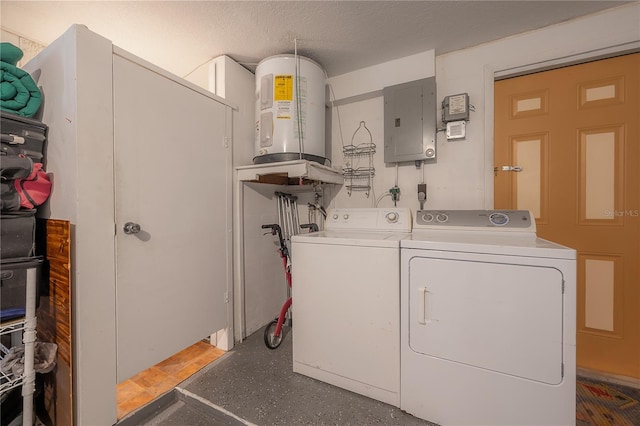 laundry room with washing machine and dryer, electric panel, electric water heater, and a textured ceiling