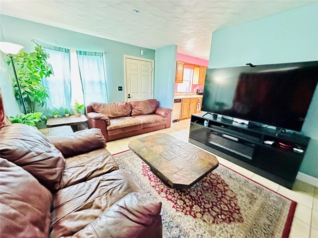 living room featuring light tile patterned floors and sink