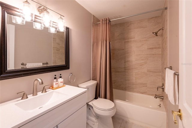 full bathroom featuring shower / bath combination with curtain, vanity, and toilet