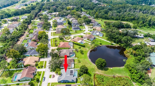 drone / aerial view featuring a water view