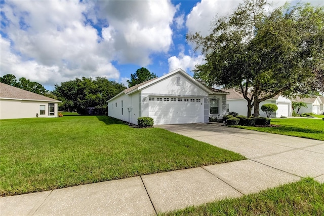 ranch-style house with a front yard and a garage