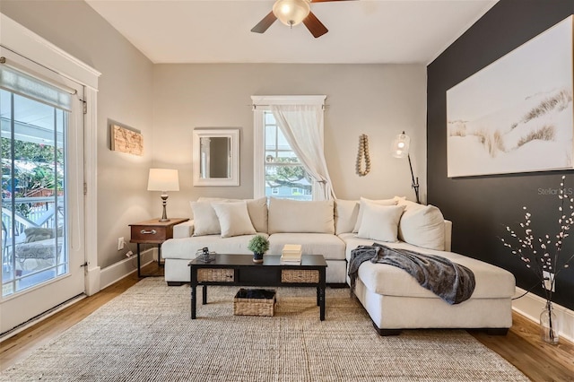 living room featuring ceiling fan, wood-type flooring, and a wealth of natural light