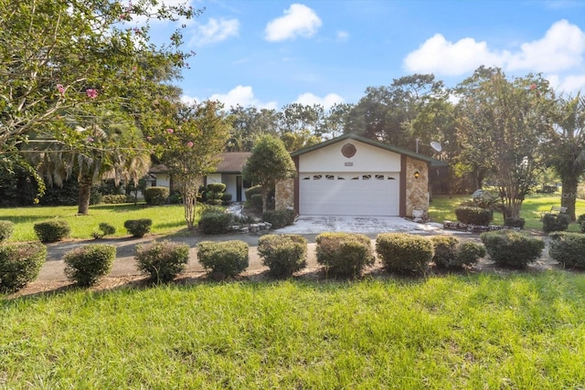 ranch-style home with a garage and a front lawn