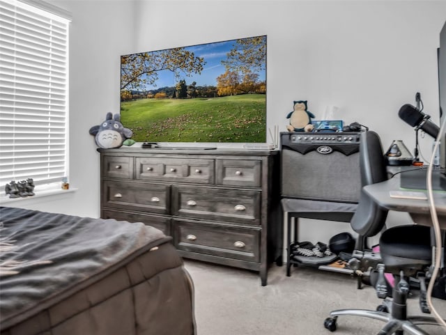 bedroom featuring light carpet