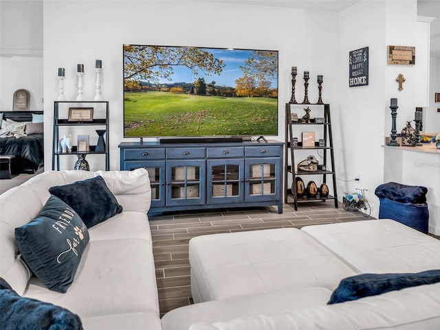 living room featuring wood tiled floor