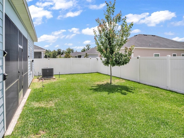 view of yard featuring central AC and a fenced backyard