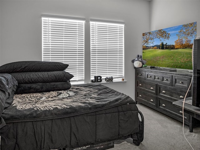 bedroom featuring light colored carpet