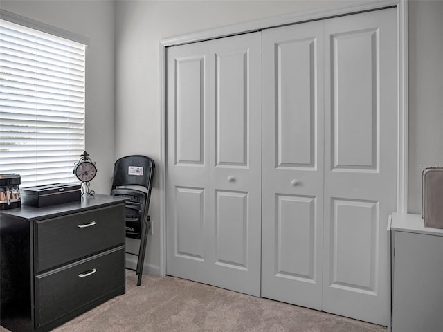 office area featuring light colored carpet