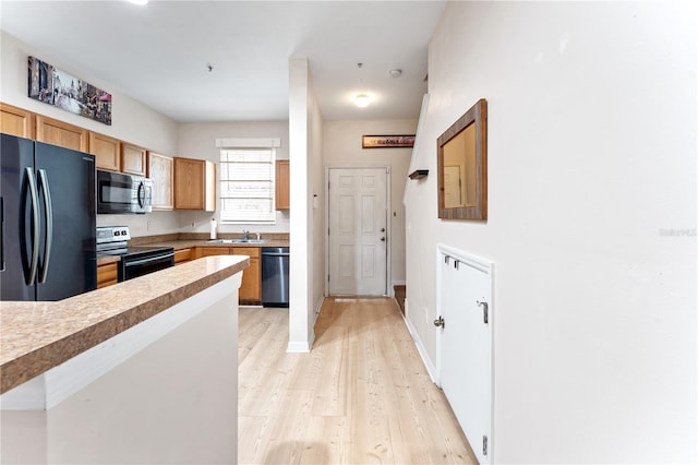 kitchen with sink, stainless steel appliances, and light hardwood / wood-style flooring