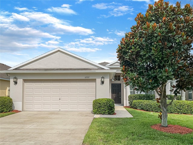 ranch-style home featuring driveway, a front yard, an attached garage, and stucco siding