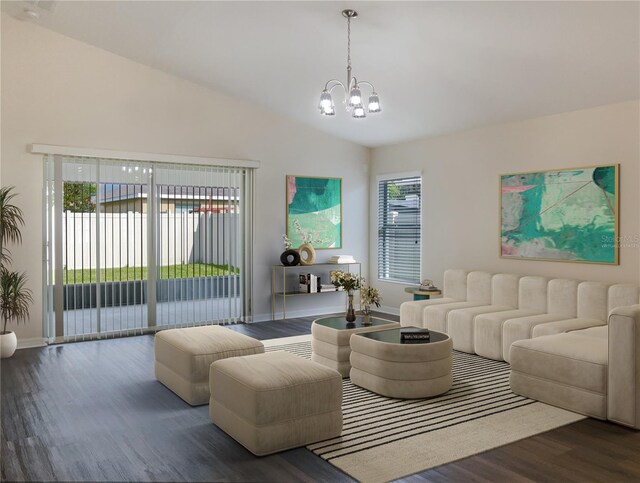 living room featuring dark hardwood / wood-style flooring, lofted ceiling, and an inviting chandelier