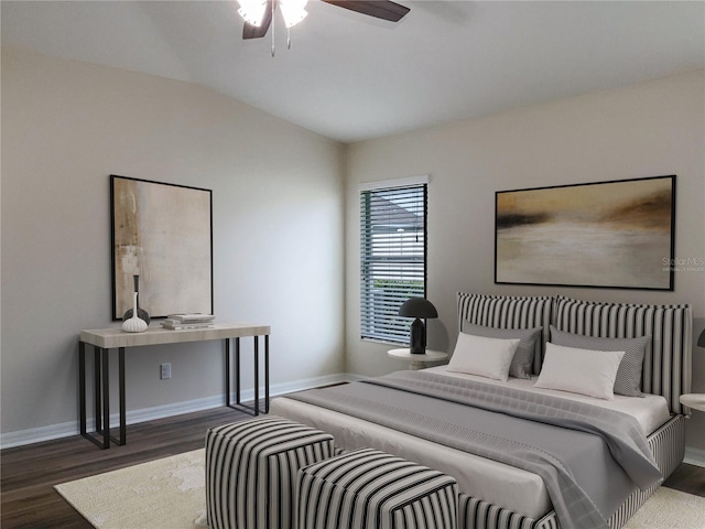 bedroom featuring lofted ceiling, ceiling fan, dark wood finished floors, and baseboards