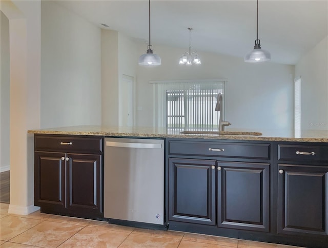 kitchen featuring a sink, pendant lighting, stainless steel dishwasher, and light tile patterned flooring