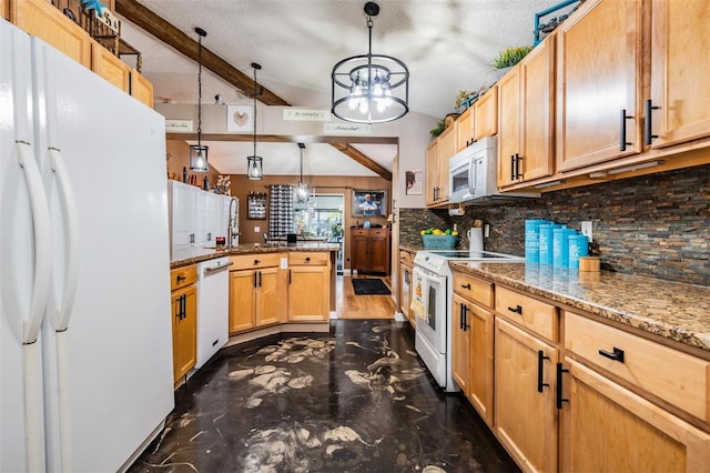 kitchen with white appliances, pendant lighting, beamed ceiling, and dark hardwood / wood-style floors